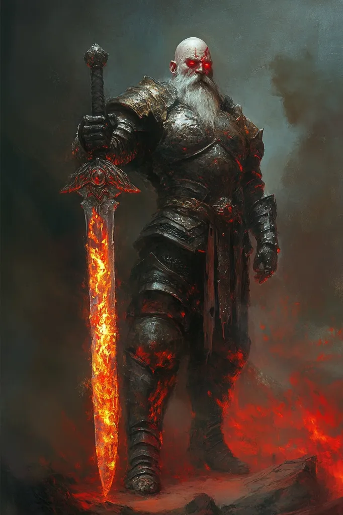 The image depicts a powerful, imposing knight, clad in blackened armor and holding a fiery sword. His white beard and hair, coupled with his glowing red eyes, lend a sense of otherworldly power. The glowing embers beneath him suggest a fiery environment, further emphasizing his might.  His stoic expression adds to the image's sense of fearsome determination.