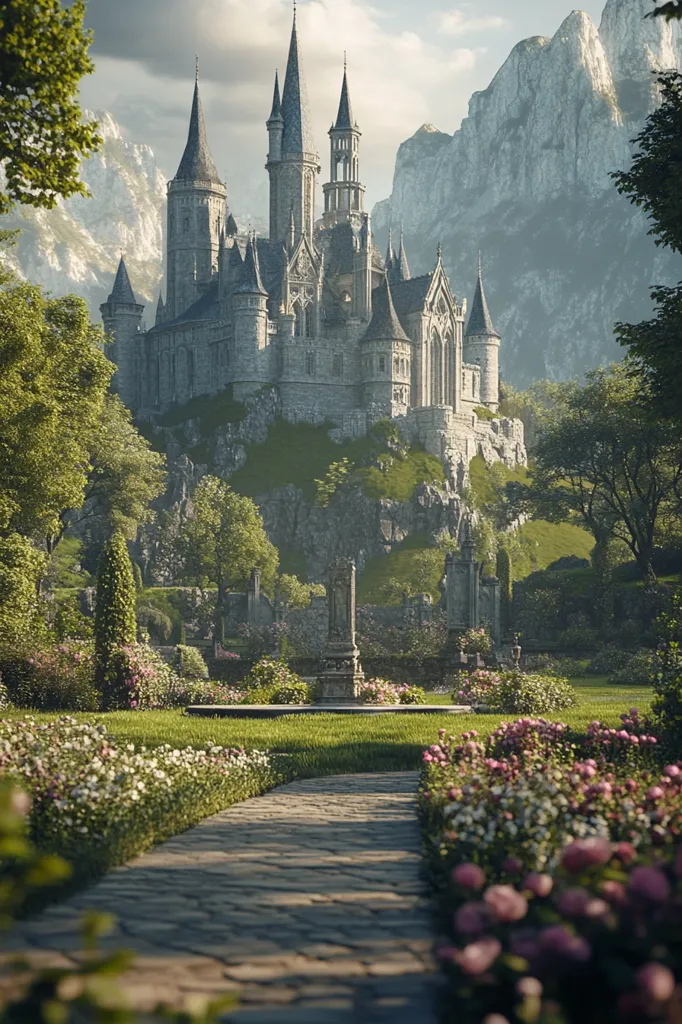 A majestic stone castle stands tall on a rocky cliff overlooking a verdant valley. The castle boasts numerous towers and intricate architectural details, a testament to its grandeur and history. The surrounding landscape is a lush tapestry of green foliage, punctuated by blooming flowers and winding pathways, creating a serene and magical ambiance. The castle appears to be nestled amidst a picturesque mountain range, adding a sense of isolation and mystery to the scene. The image captures a moment of tranquility and wonder, evoking a sense of fairytale enchantment.