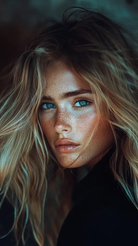 The image shows a close-up portrait of a young woman with long, blonde hair. She is looking directly at the camera with a serious expression. Her eyes are a striking blue, and her skin is clear with freckles. The background is blurred, drawing attention to the woman's face. She is wearing a black top. The image is taken in a soft, natural light. The overall tone of the image is one of beauty and confidence.