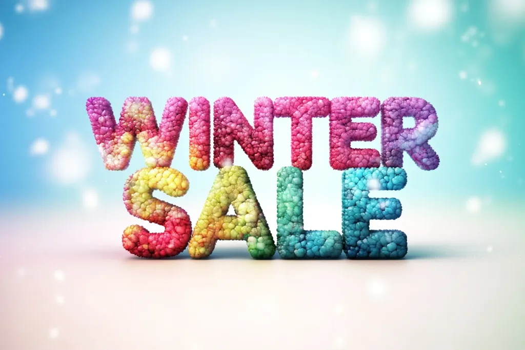 The image shows the words "WINTER SALE" written in a colorful, bubbly font. Each letter is made up of small, textured, round shapes that give the text a 3D, almost fluffy look. The background is a blurred blue and white, suggesting a snowy or wintery scene. The image is likely an advertisement for a winter sale.