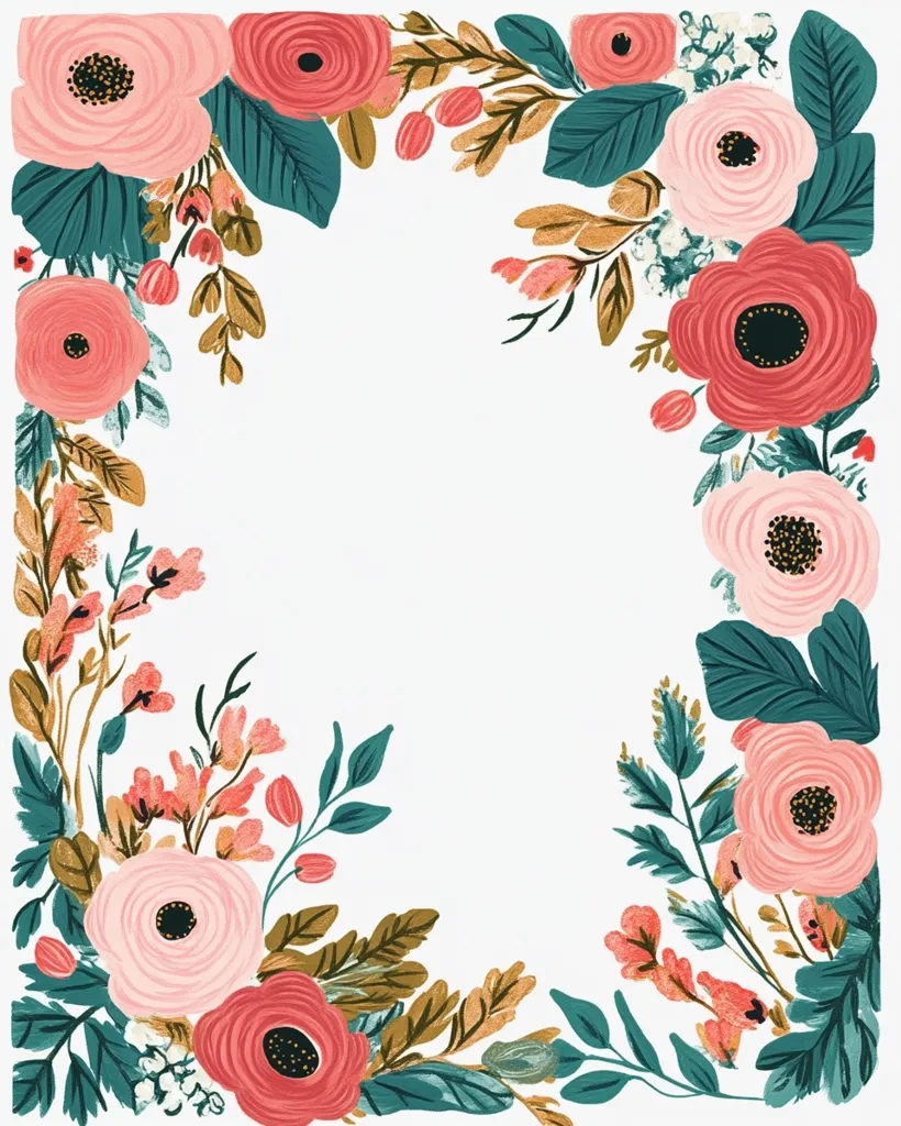 The image depicts a floral frame, with pink and red flowers, green leaves, and gold accents. The flowers are arranged in a loose and flowing pattern, creating a sense of movement and whimsy. The white background provides a clean and elegant contrast to the vibrant colors of the flowers. The image is reminiscent of a hand-painted illustration, with a delicate and charming aesthetic.