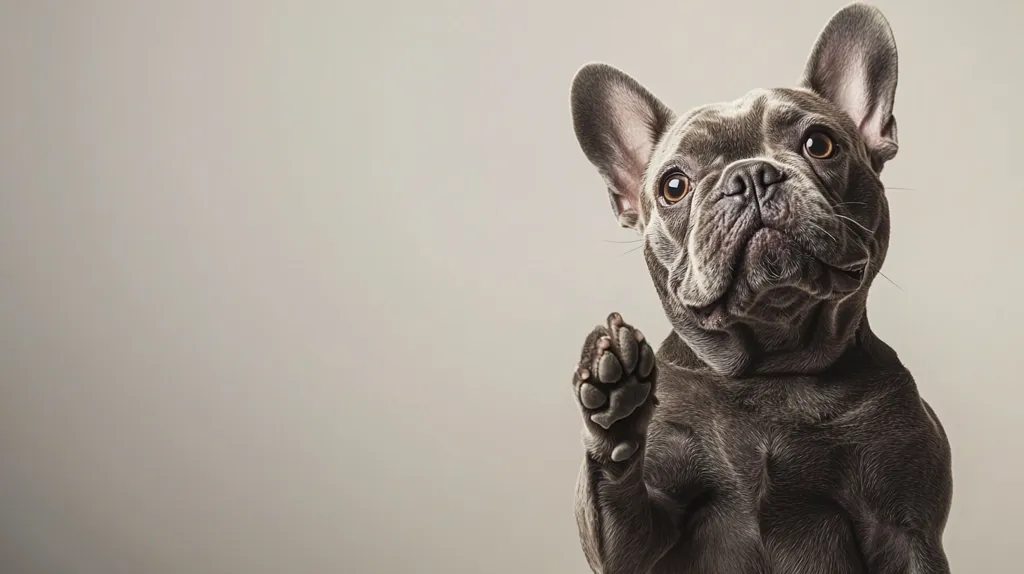 A French bulldog stands on a light background with its right paw raised, looking directly at the camera with a playful expression. It has a short, wrinkled face, large ears, and a dark gray coat. The dog's paw is clearly visible, emphasizing its cute and curious demeanor. The background is simple and muted, allowing the dog to be the sole focus of the image. The overall tone of the photo is lighthearted and joyful, capturing the essence of canine playfulness.