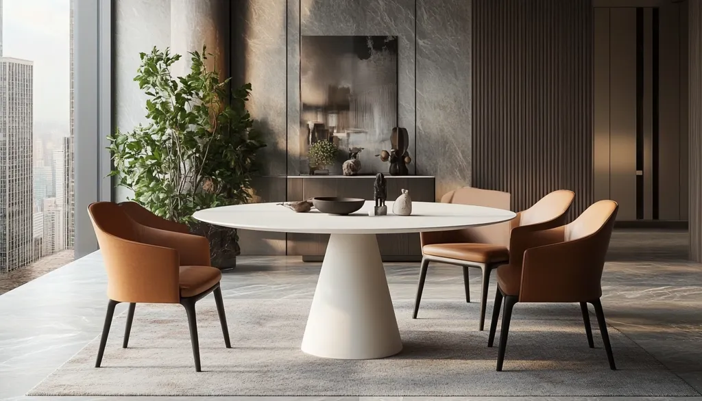 A modern dining room with a large, round white table on a conical base. Four brown leather chairs with black legs surround the table. The room is decorated with a potted plant, a dark abstract painting on the wall, and a city view from a large window.  The floor is covered in a light grey rug.