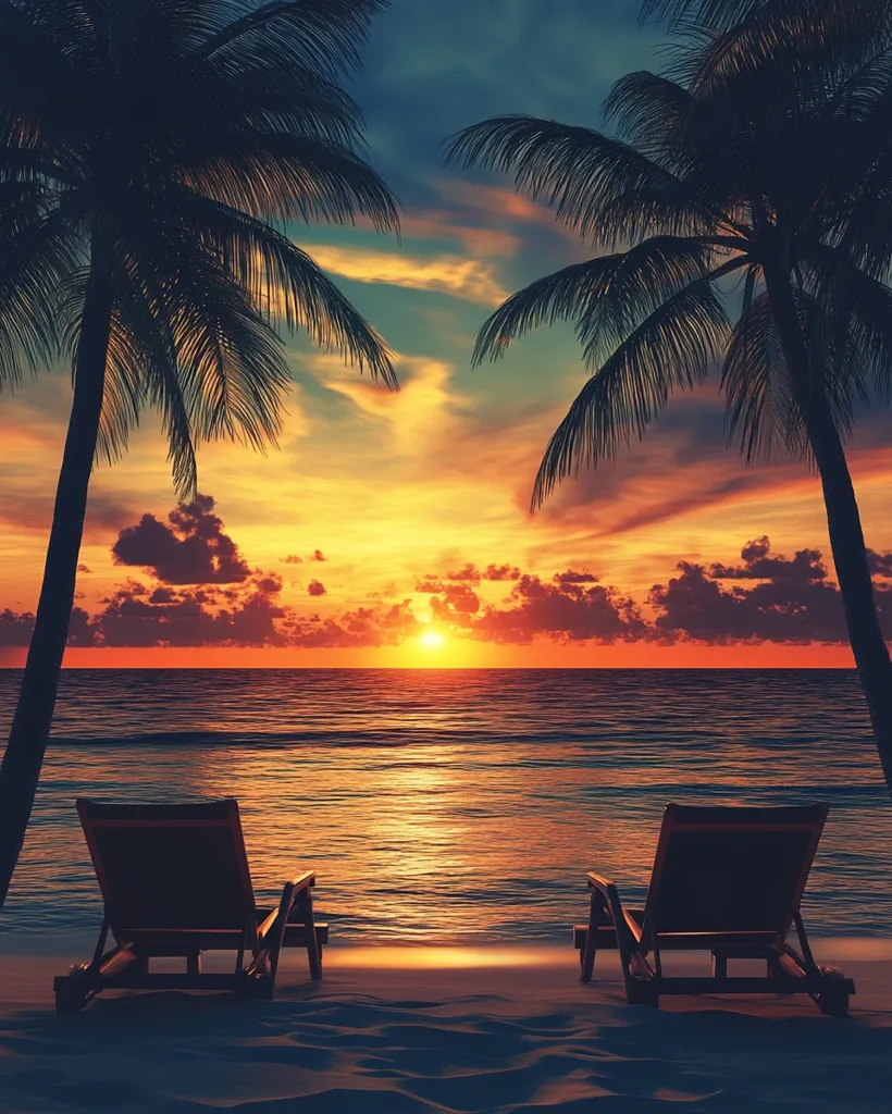 A breathtaking sunset paints the sky with vibrant hues of orange, pink, and purple. Two palm trees stand tall on the sandy shore, their silhouettes framing the idyllic scene. The calm, azure ocean reflects the warm glow of the setting sun, creating a serene atmosphere. Two lounge chairs are placed side by side, inviting relaxation and contemplation as the day comes to a close.  The image captures the essence of tranquility and beauty found in nature's embrace.