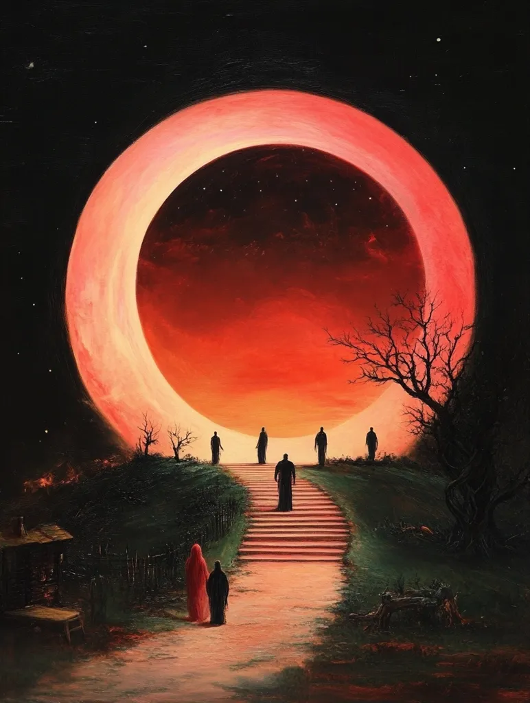 A surreal painting depicts a large red ring in the sky, with a dark center. Six figures in black stand on a path leading up a set of stairs toward the ring, while two more figures in red and black stand at the bottom of the stairs. The scene is set against a backdrop of a dark forest, with a few trees silhouetted against the sky. The painting conveys a sense of mystery and awe, inviting the viewer to ponder the unknown.