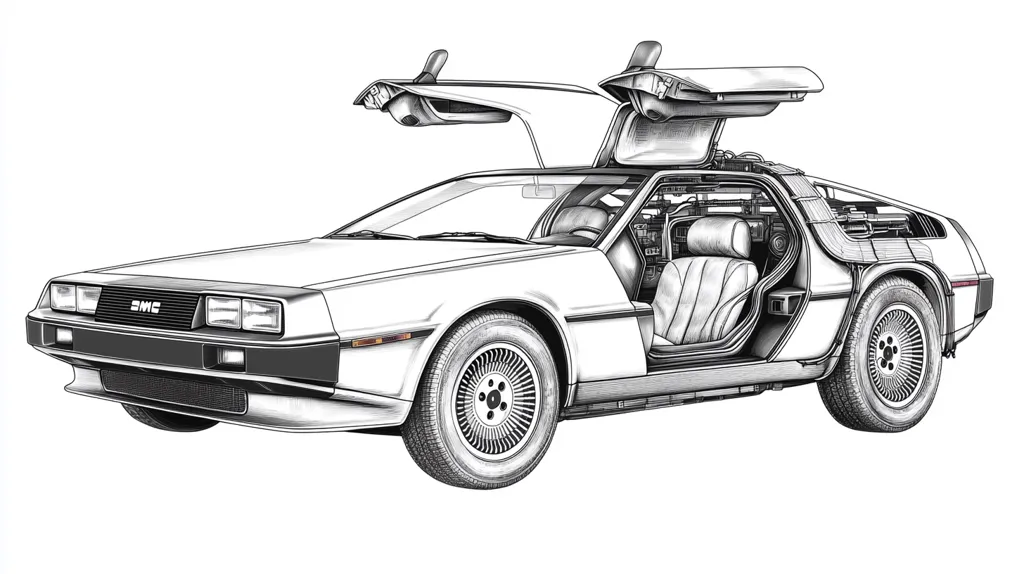 A detailed, black and white drawing of a DeLorean time machine, the iconic car from the Back to the Future movie series. The doors are open, revealing the interior, and the car has a futuristic design. The drawing is rendered in a realistic style, capturing the intricate details of the car. The overall composition is balanced and appealing, showcasing the DeLorean's iconic shape and appeal.