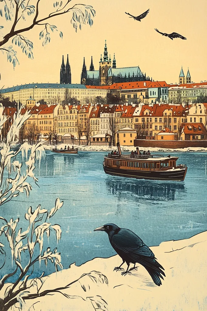 A black crow stands on a snowy riverbank, overlooking a cityscape with a prominent church, and a boat with people on it. The water is icy blue and the sky is a warm yellow. The illustration captures a picturesque winter scene.