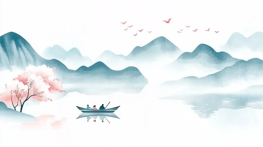 The image depicts a serene landscape with a misty mountain range in the background. A small boat with three people is gently gliding across a calm lake in the foreground.  A pink cherry blossom tree adds a touch of color to the scene, and delicate pink birds are flying in the sky. The minimalist style and soft colors evoke a sense of peace and tranquility.