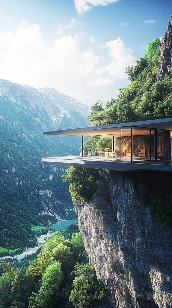 A modern, sleek house with large windows sits precariously on a cliff edge. The house has a flat roof and an open floor plan. Lush green trees and a river wind their way through the valley below, while snow-capped mountains rise in the distance. The scene is bathed in warm sunlight and features a clear blue sky with fluffy white clouds.