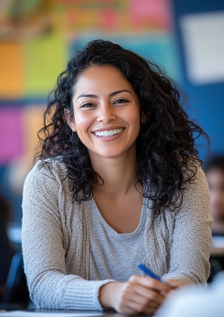 A young woman with long, curly dark hair smiles brightly at the camera. She is wearing a grey cardigan over a light grey t-shirt and is seated at a table with a blue pen in her hand. A blurred background of colorful classroom posters and other people creates a lively setting.  She appears confident and engaged.