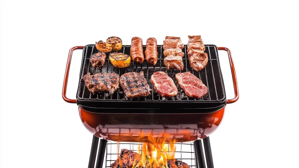 A small, red charcoal grill with a black cooking surface is filled with assorted meats. Two juicy steaks, a few grilled chicken pieces, some sausages, and a few slices of bell pepper are all cooking on the hot grill, and there are flames visible beneath.  The grill is isolated on a white background.