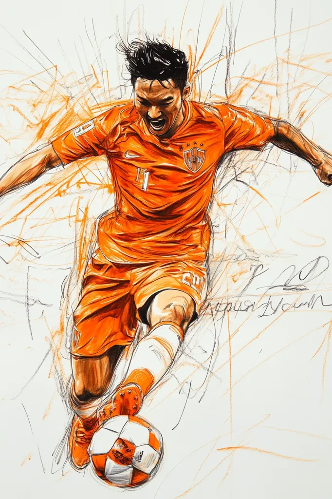 The image depicts a dynamic drawing of a soccer player in mid-kick. He wears an orange jersey with a number 11 on the front, and his face is contorted in a fierce expression. The background is filled with gestural lines and scribbles in orange and black, suggesting movement and speed. The player’s foot is about to connect with the white soccer ball, while his other leg is bent and extended. The drawing is signed "Agustin Yaun" and dated "20," adding an artistic touch.