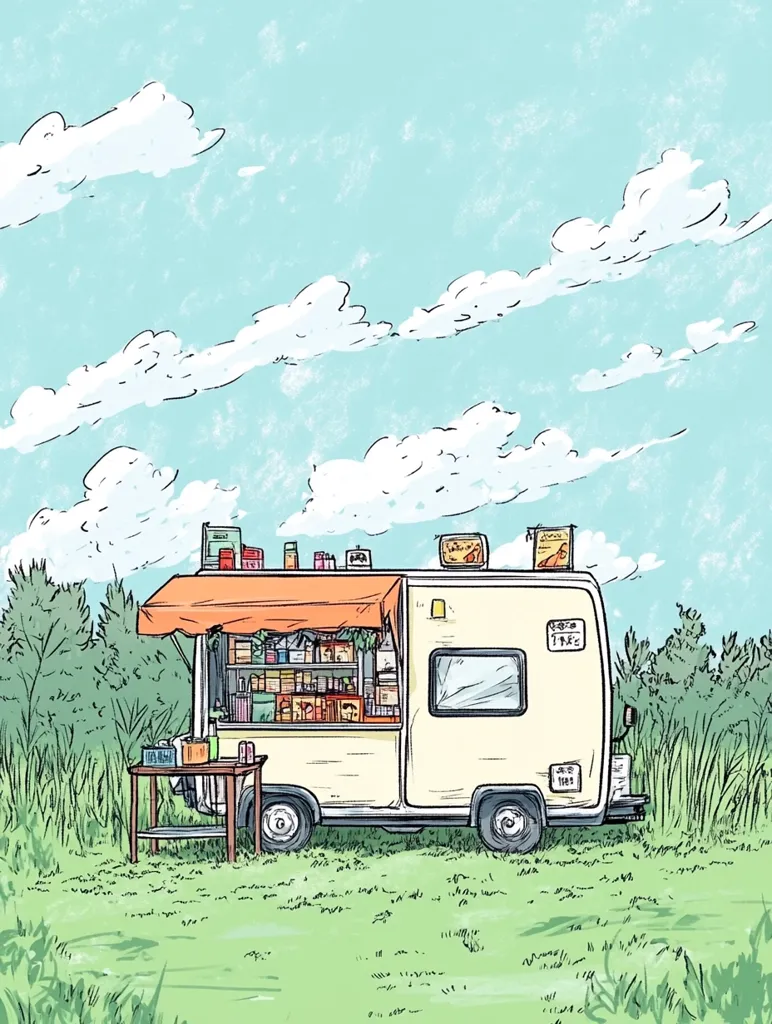 A hand-drawn illustration depicts a food truck parked in a grassy field under a bright blue sky with fluffy white clouds. The truck has an orange awning and is stocked with various goods. A small table and chairs are set up in front of the truck, suggesting it's ready for customers. The scene evokes a sense of simple pleasure and outdoor enjoyment.