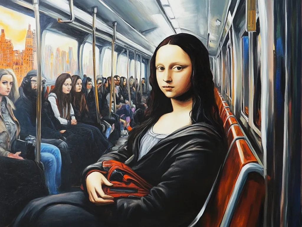 The painting depicts a woman, resembling the Mona Lisa, seated on a subway train. She is dressed in a black coat and has long dark hair. The woman holds a red purse in her lap. The subway car is filled with other passengers, all sitting quietly. The background shows a cityscape with buildings and a sunset. The overall mood of the painting is serene and contemplative.