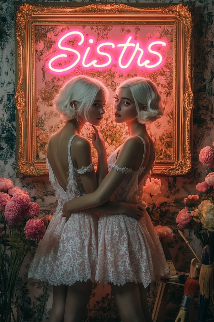 Two women with blonde hair are standing close together, wearing delicate white lace dresses. They are in front of a gold picture frame with the word "SISTRS" in neon pink letters. The background is a vintage-style floral wallpaper with a bouquet of pink flowers on the right. The image evokes a sense of femininity and closeness, with the soft lighting and delicate details creating a dreamy and romantic atmosphere.