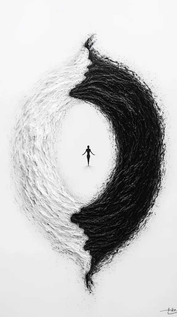 The image depicts a yin-yang symbol, painted in black and white. The black side is swirling and textured, while the white side is smoother. A small silhouette of a person stands in the center, between the two sides, symbolizing a balance between opposites. The image evokes a sense of duality and harmony.