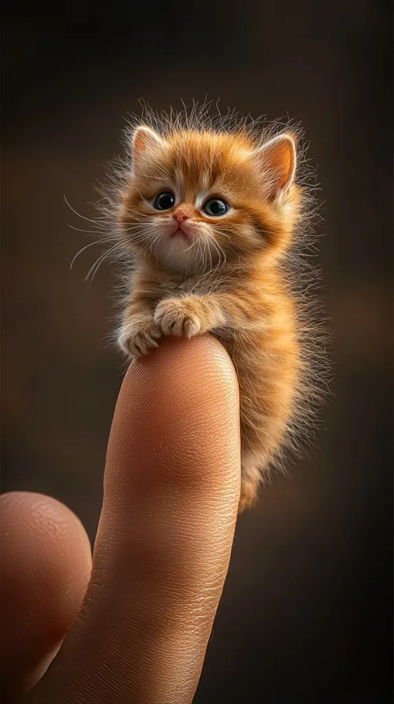 A tiny orange tabby kitten with big green eyes sits on a human finger. The kitten's fur is fluffy and its paws are small and delicate. The kitten looks up at the camera with an innocent expression. The background is blurry and out of focus, making the kitten the main subject of the image. The photo captures the cuteness and fragility of a newborn kitten.