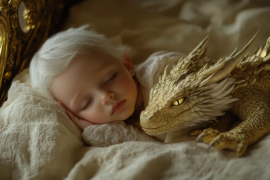 A young child with white blonde hair sleeps soundly in a bed. A golden dragon lays next to them, its head resting on the child's arm. The child is dressed in a white lace dress and the dragon's scales shimmer in the soft light. The scene is peaceful and magical, evoking a sense of childhood wonder and innocence.