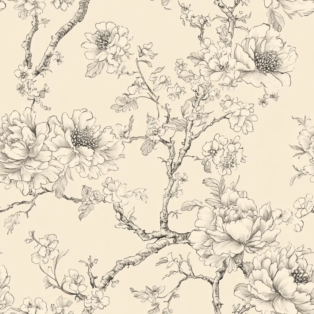 The image is a black and white illustration of a floral pattern. The pattern is made up of various types of flowers and leaves, all drawn in a detailed and realistic style. The flowers are large and showy, with intricate details in their petals. The leaves are delicate and graceful, creating a sense of movement and texture. The overall effect is one of elegance and sophistication. The background is a pale cream color, which highlights the dark lines of the flowers and leaves. The pattern is repeated seamlessly, creating a beautiful and timeless design.