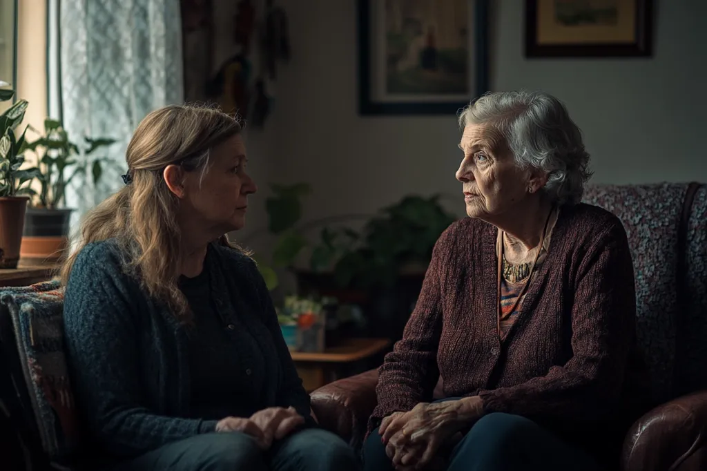 Two women, one older and one younger, sit facing each other in a dimly lit room. The younger woman, with long brown hair, looks directly at the older woman, who has gray hair and is looking off to the side. The older woman wears a burgundy sweater and sits in a leather chair, while the younger woman is sitting in a dark chair, her dark hair cascading down her back. The room is decorated with a plant, a window with a curtain, and a framed picture on the wall. The image conveys a sense of intimacy and conversation between two generations.