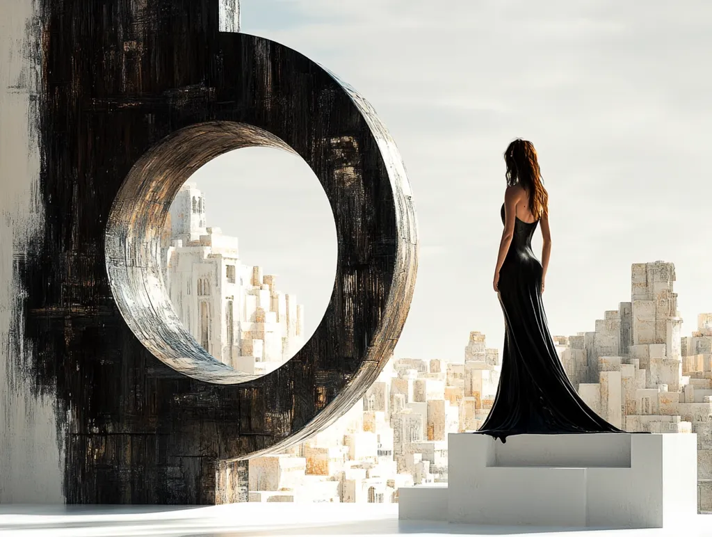 A woman in a black gown stands on a white platform. She looks out at a city of white buildings, visible through a large, circular window cut into a black wall. The city seems to be built in a minimalist, futuristic style. The woman's silhouette stands out against the stark white backdrop, creating a striking image.  The scene is evocative of a futuristic or dystopian setting, suggesting a world of stark contrasts.