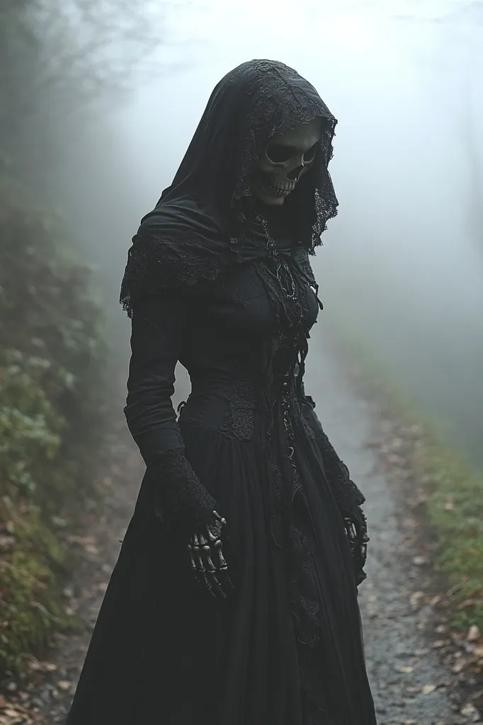 A figure cloaked in black stands on a misty path. The hood of their cloak obscures their face, but a skeletal mask peeks out, revealing their chilling identity. The figure wears a long, flowing dress with lace detailing, and their hands are skeletal, adding to the eerie atmosphere. The dense fog envelops the scene, creating an unsettling sense of mystery. The image evokes a sense of darkness and foreboding, leaving the viewer wondering about the figure's purpose and the secrets they hold.
