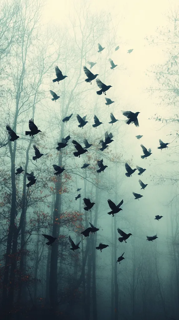 A flock of crows flies through a misty forest. The trees are tall and thin, their branches reaching up towards the sky. The fog is thick, making it difficult to see far into the distance. The crows are in flight, their wings beating against the air. The image is a moody and atmospheric scene, conveying a sense of mystery and intrigue. The fog and the crows are both symbolic of something unseen and unknown.  The scene is both beautiful and unsettling, a reminder of the power of nature and the fragility of life.
