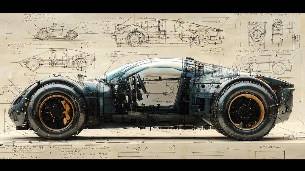 A futuristic, sleek, blue car is depicted in the center of the image, seemingly superimposed over technical drawings of similar vehicles. The car is rendered in a detailed and realistic style, showcasing its inner workings and intricate design. The background consists of faded, hand-drawn schematics with scribbled annotations, creating a sense of a prototype or concept design. The image conveys a blend of technological advancement and the artistic process of creation.