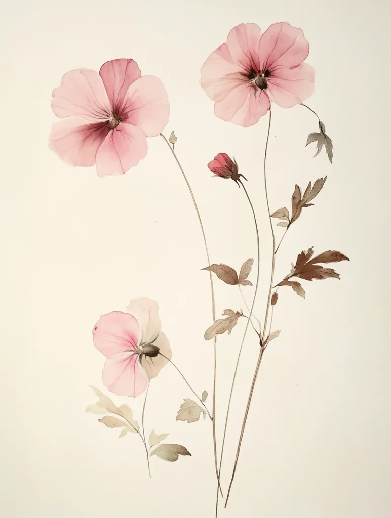 The image is a watercolor painting of delicate pink flowers with brown stems and leaves. The flowers are in full bloom, with their petals unfurling gracefully. The painting is done in a minimalist style, with soft, muted colors and a simple composition. The background is a light cream color, which gives the flowers a soft and ethereal quality. The painting evokes a sense of peace and tranquility, making it a calming and serene piece of art.