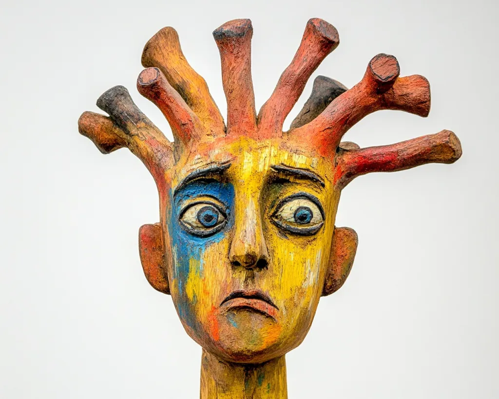 The image shows a wooden sculpture of a person's head with a unique hairstyle made of twisted branches. The sculpture is painted in bright colors with a predominantly yellow and red palette. The sculpture's face is slightly sad, with large blue eyes, a prominent nose, and a painted-on frown. The sculpture is set against a white background, highlighting its vibrant colors and intricate details.