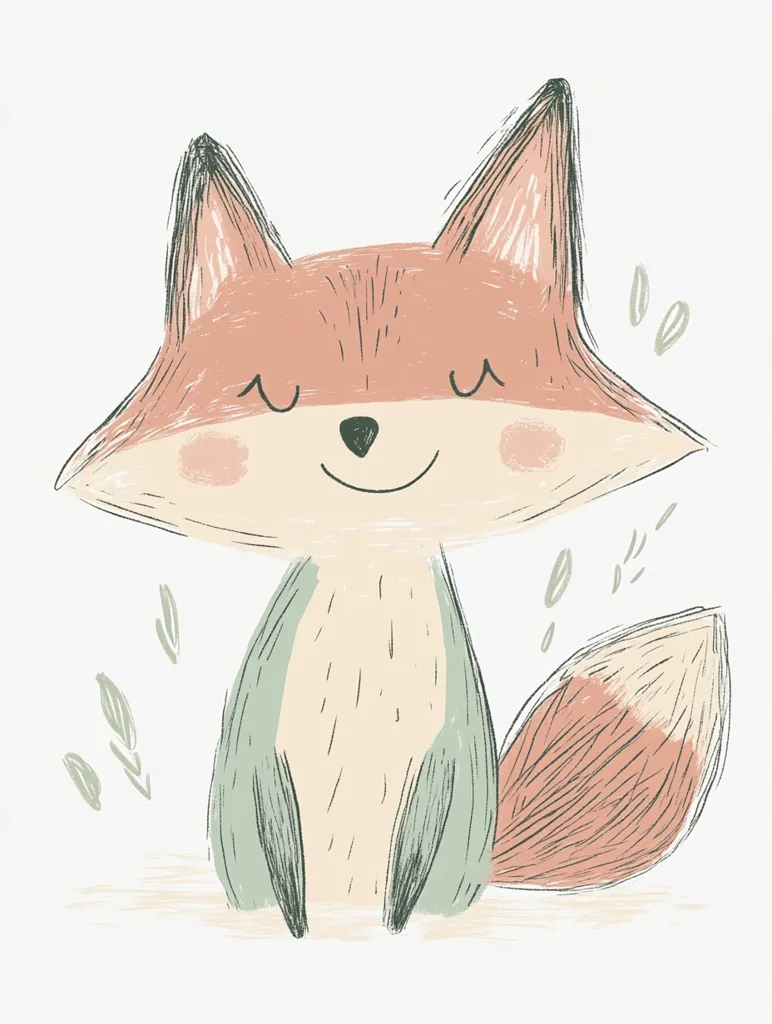 The image is a simple, stylized illustration of a fox. The fox has closed eyes, a small nose, and a wide, happy smile. The fox is drawn with soft, rounded lines and filled with muted colors of pink, green, and brown. It is surrounded by a few small green leaves. The overall feel of the image is sweet and whimsical.