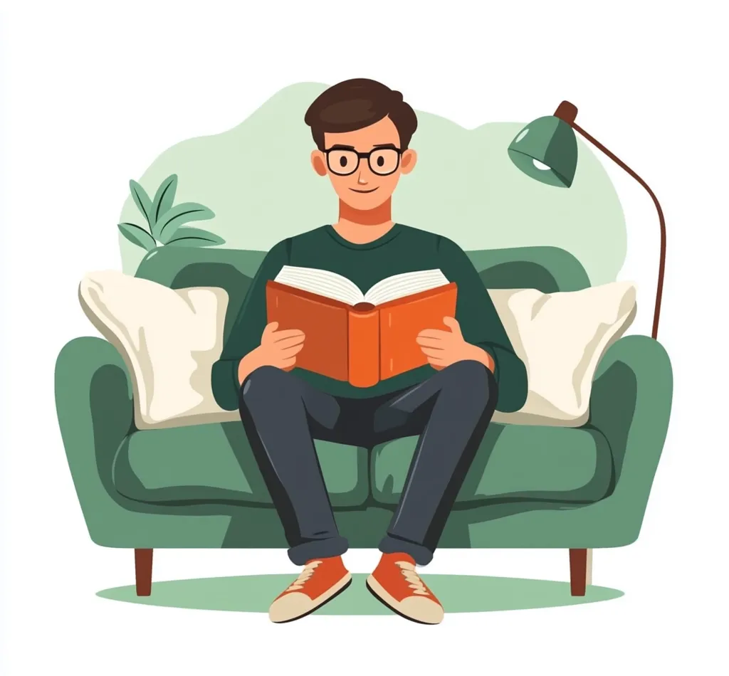A man wearing glasses sits on a green couch, holding an open book. He is wearing a green shirt and black pants and has short brown hair. He is smiling and seems to be enjoying his reading. A lamp is on the right side of the couch and a potted plant is in the background. The man's legs are crossed and he is relaxed.