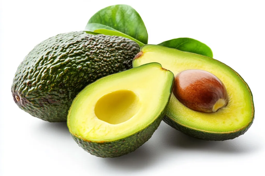 A whole avocado with rough green skin lies on its side, alongside two halved avocados. One half shows the yellow flesh and a small pit, while the other half shows a larger, brown seed in the center.  Green leaves peek out from behind the fruit. The avocados are arranged on a plain white background.