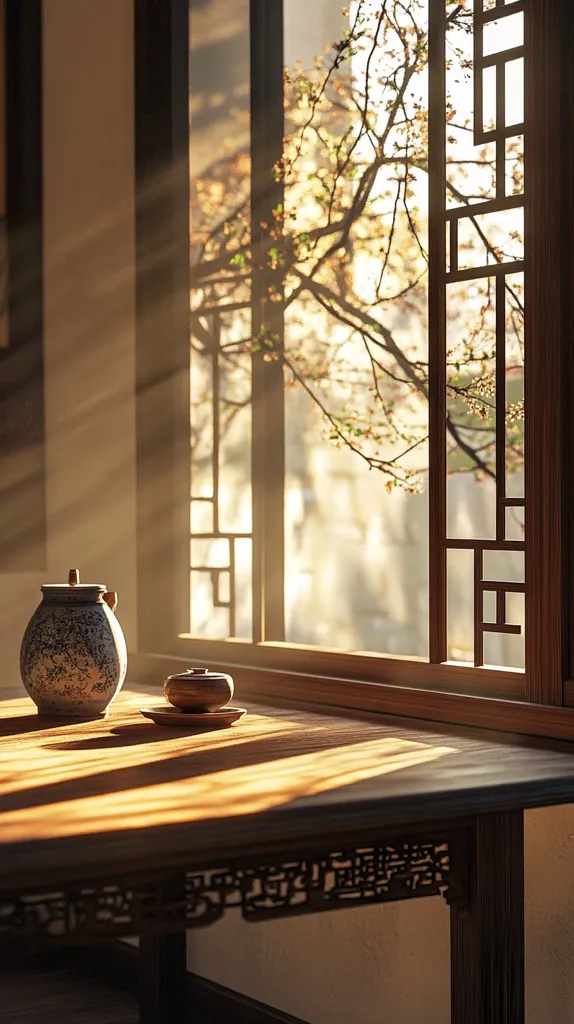 A wooden table with intricate carvings sits in front of a window, sunlight streaming through the window onto the table and a small teapot and dish. The window features a delicate latticework design and a view of a blossoming tree outside. The image conveys a sense of calm and tranquility.