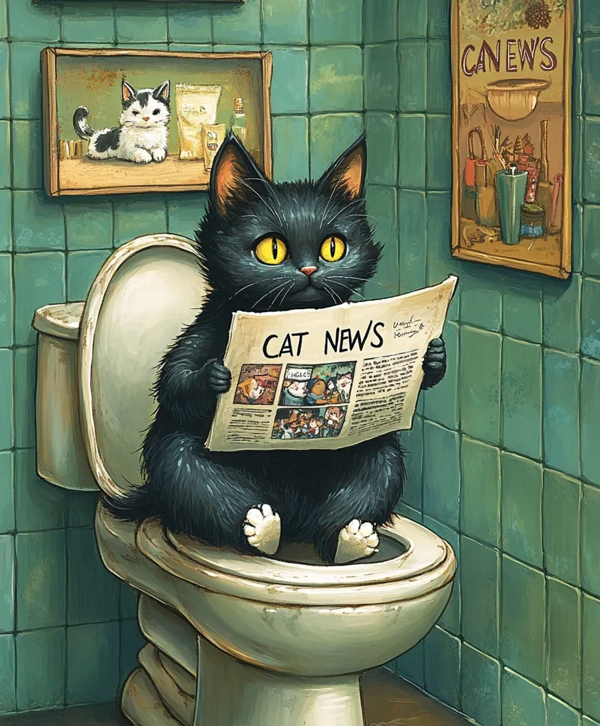 A black cat sits on a toilet in a bathroom, reading a newspaper titled "Cat News." The cat is wearing a serious expression, and the newspaper is filled with images of other cats. The bathroom walls are tiled in a green and white pattern. The scene is humorous and playful, capturing the absurdity of a cat reading the news on the toilet.