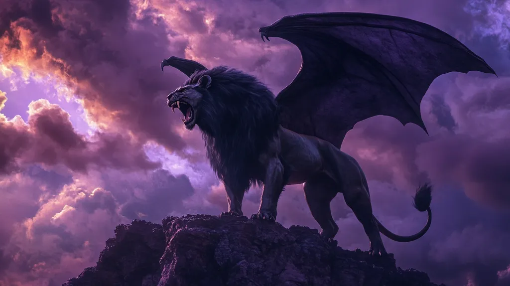 A majestic lion with large black wings stands on a rocky outcrop against a dramatic purple sky. Its mane is thick and flowing, and its eyes gleam with power. The creature's wings are spread wide, creating a sense of awe and majesty. The image evokes a sense of power and mystery.