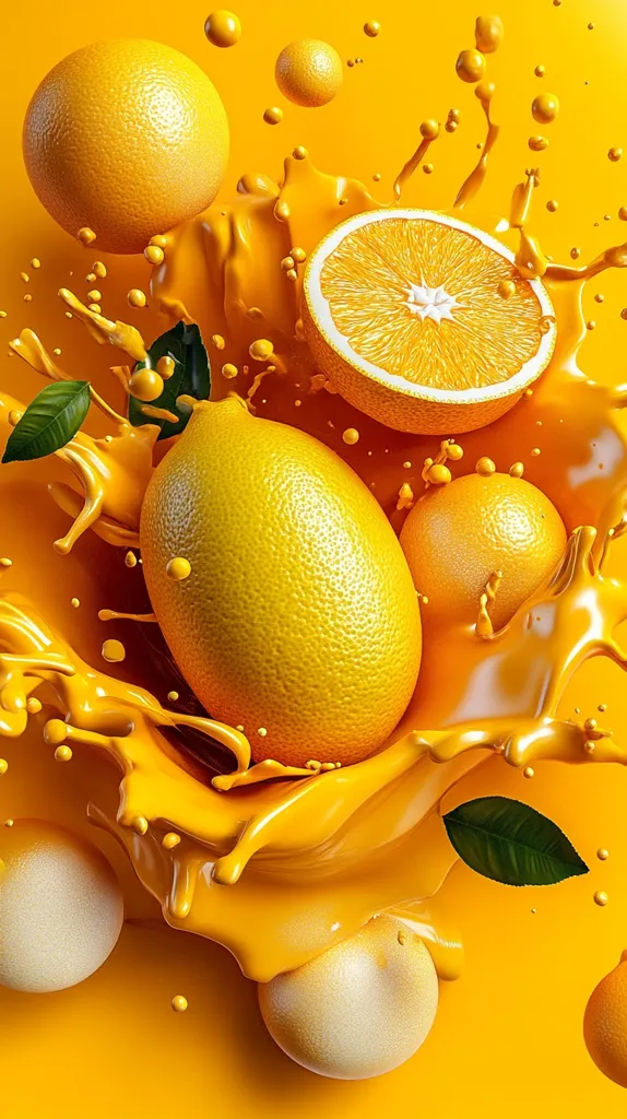 A bright yellow background is splashed with orange juice. A lemon, orange, and several smaller citrus fruits sit within the orange juice. The fruits are perfectly round and glossy.  Green leaves are present near the lemon and a single leaf hangs from the bottom right of the image.