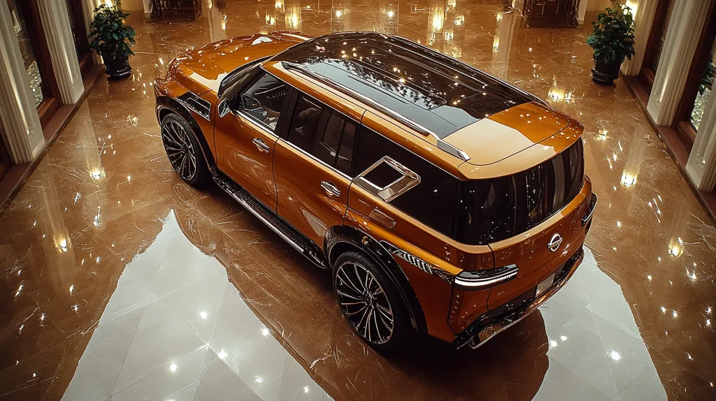 A luxurious, golden Nissan Patrol SUV is parked on a glossy, marble floor. The vehicle features blacked-out windows, shiny black accents, and sleek, modern design elements. The car's reflection is visible on the polished floor, creating a sense of depth and sophistication.  The surroundings are a luxurious home with white walls and decorative elements.  The image captures the grandeur and refinement of the vehicle.