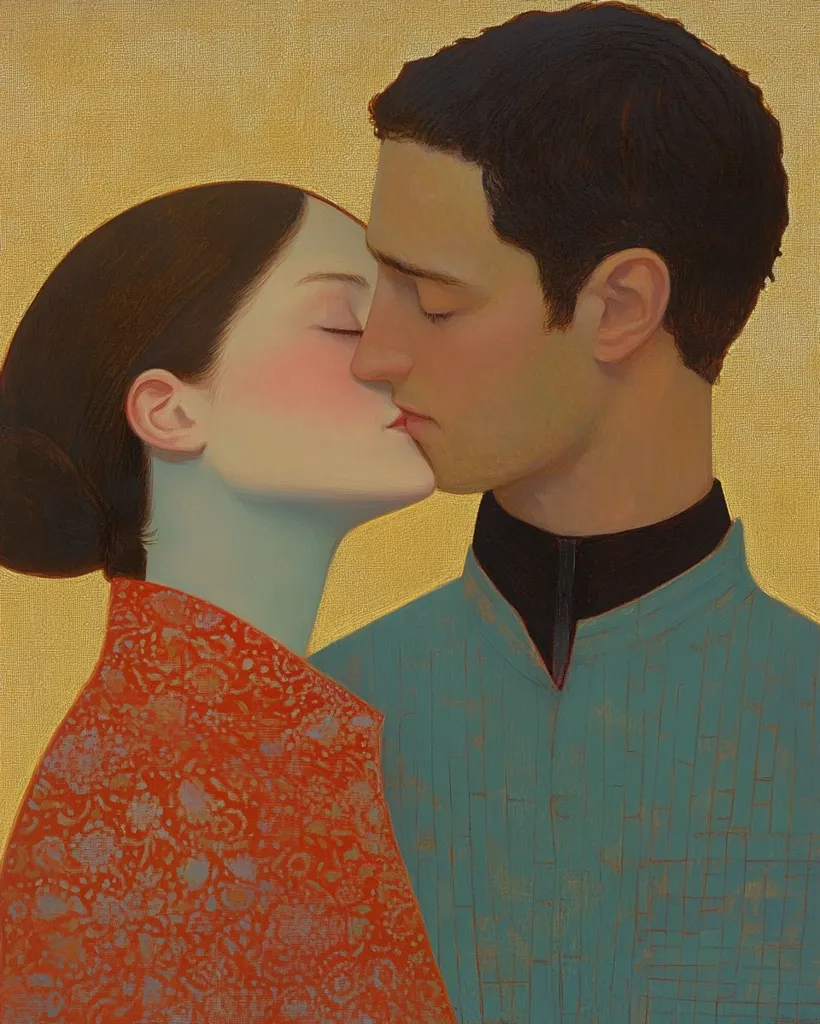 The painting depicts a man and woman in a passionate embrace. The woman, wearing a red and gold patterned dress, leans towards the man, her eyes closed and lips slightly parted. The man, with short dark hair and a blue shirt, gazes at the woman with a look of adoration. The background is a soft golden color, creating a warm and romantic atmosphere. The painting is a testament to the enduring power of love and connection.