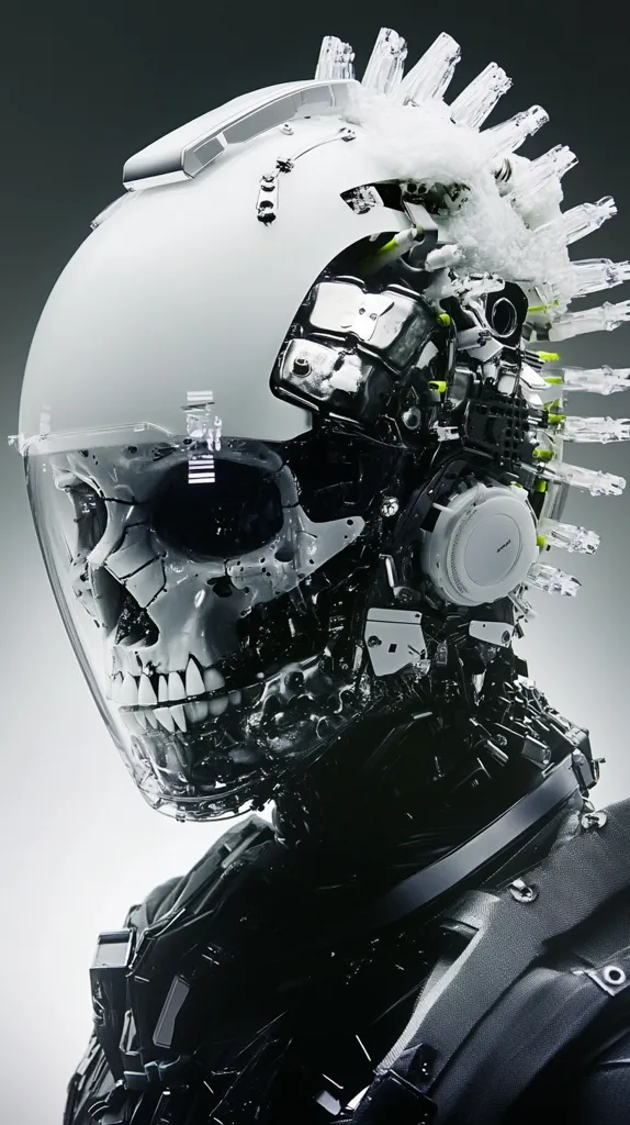 The image shows a robotic skull with a complex mechanical structure. It is wearing a helmet adorned with numerous white, translucent, spiky appendages. The skull is partially visible through a transparent visor, revealing a menacing grin. The robot's body is obscured by shadows, but its intricate mechanical details are evident. The image conveys a sense of futuristic technology and a potentially dangerous character.