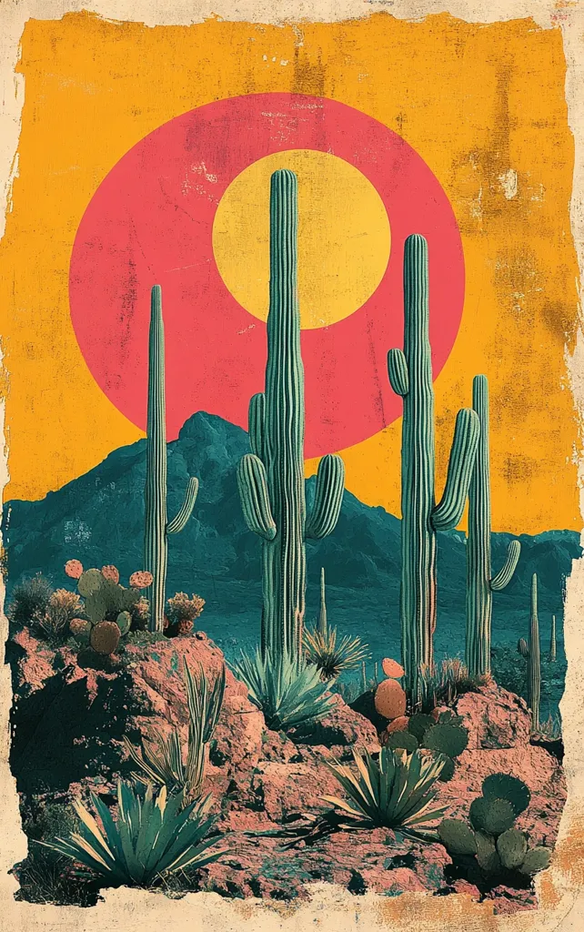 The image depicts a desert landscape with a large, vibrant red and yellow sun in the sky. Tall, slender cacti stand in the foreground, some reaching towards the sun. The ground is rocky and covered in smaller desert plants. The image has a vintage, retro feel, with faded colors and a textured background.  The overall tone is warm and inviting, evoking a sense of tranquility and solitude.