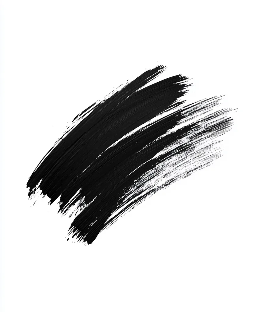 A large, abstract black brushstroke is isolated against a white background. The brushstroke is thick and textured, with visible brush marks. The brushstroke is angled from top right to bottom left, creating a dynamic and energetic feel.