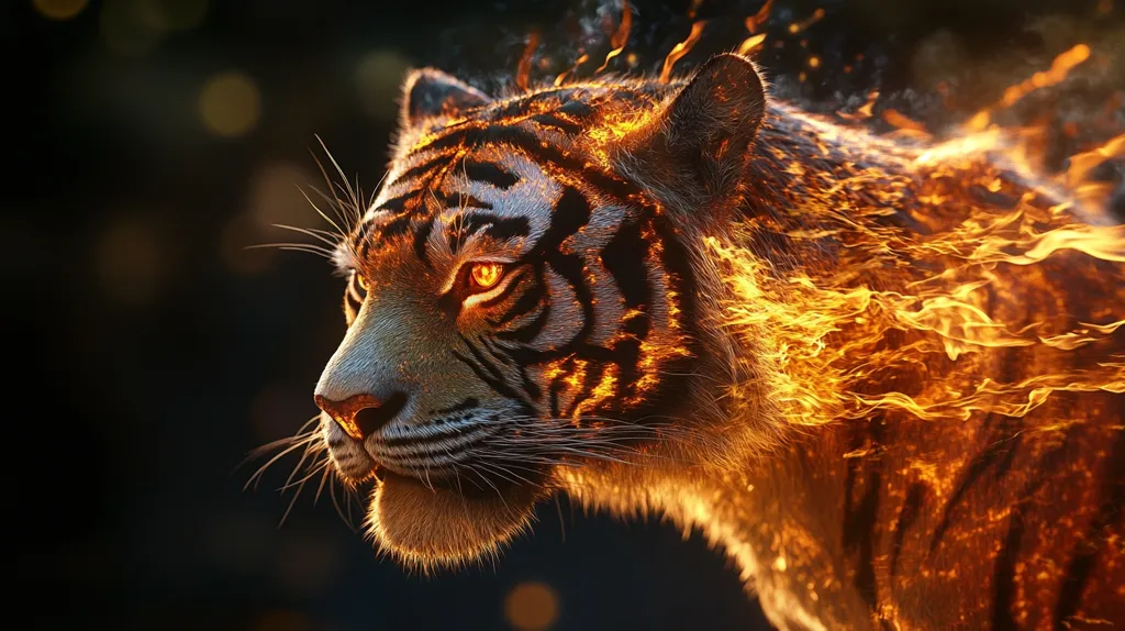 A tiger's head and shoulder are engulfed in flames, its fur glowing orange and yellow. The tiger's eyes are bright and piercing, giving it a fierce and powerful appearance. The flames dance around its body, creating a dynamic and intense image. The background is dark and blurred, making the tiger the focus of the image.