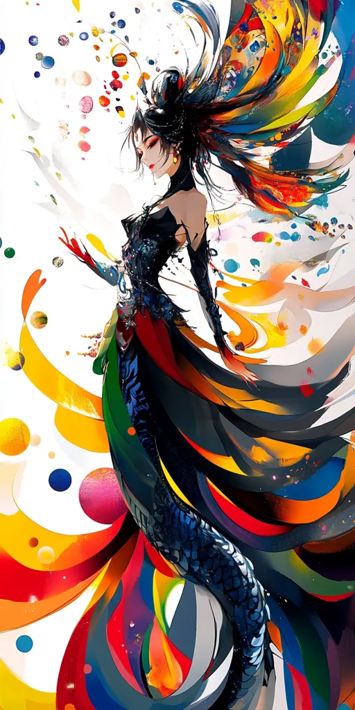 The image depicts a woman with long black hair, adorned with vibrant, colorful, and abstract swirls. The woman is dressed in a black dress with a red, yellow, and green pattern. The background is a white canvas with splashes of color, creating a dynamic and lively atmosphere. The woman's expression is serene and contemplative, while the colors and swirls evoke a sense of movement and energy.