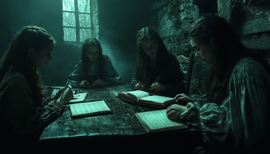 Four young girls dressed in dark clothing sit around a wooden table in a dimly lit room. They are hunched over open books, writing with pens. The room has a dark, almost eerie atmosphere, with the only light coming from a window at the back. The girls' expressions are serious and focused.  The overall scene evokes a sense of secrecy and mystery.