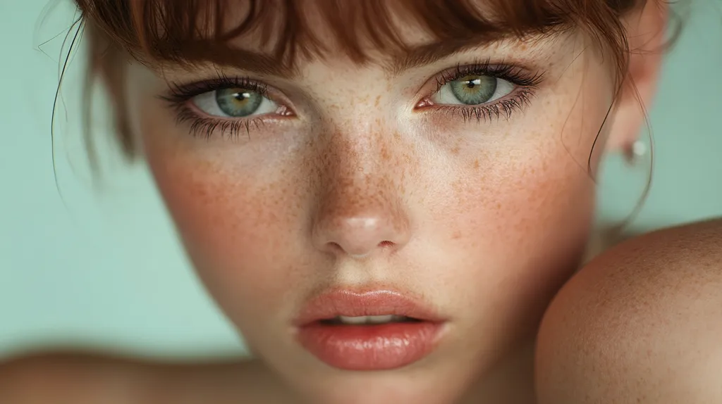 The image is a close-up portrait of a young woman with freckles. Her brown hair is parted in the middle and falls around her face, framing her bright green eyes and full lips. She is looking directly at the camera with a slightly serious expression. Her skin is fair and flushed, giving her a youthful and natural look. The soft lighting and focus on the woman's features create an intimate and inviting mood.