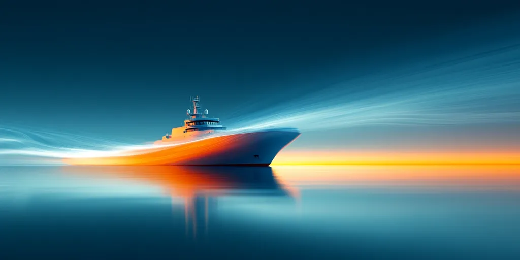 A large, white yacht sails across a calm ocean at sunset. The sky is a gradient of blue, orange, and yellow, with streaks of clouds creating a soft, ethereal glow. The yacht's reflection shimmers on the water, creating a sense of peace and tranquility.