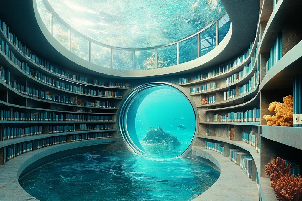 A circular room with shelves filled with books is submerged underwater.  A large, circular window offers a view of the ocean floor, with coral reefs and a few fish. The room is illuminated by light filtering through the water, creating a surreal and dreamy atmosphere.  The room's unique design combines the natural beauty of the ocean with the intellectual pursuit of knowledge.