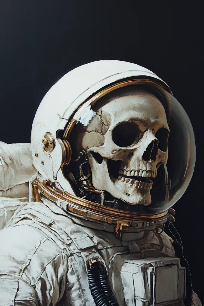 A human skull, depicted in a realistic style, is wearing an astronaut's helmet and spacesuit. The helmet's visor is transparent, allowing the viewer to see the skull's detailed features. The skull is wearing a white spacesuit with a gold trim around the helmet and a black and white pattern on the chest. The image is set against a dark, almost black background, which emphasizes the skull and helmet. The juxtaposition of the skull and the spacesuit creates a sense of both mortality and the potential for exploration.