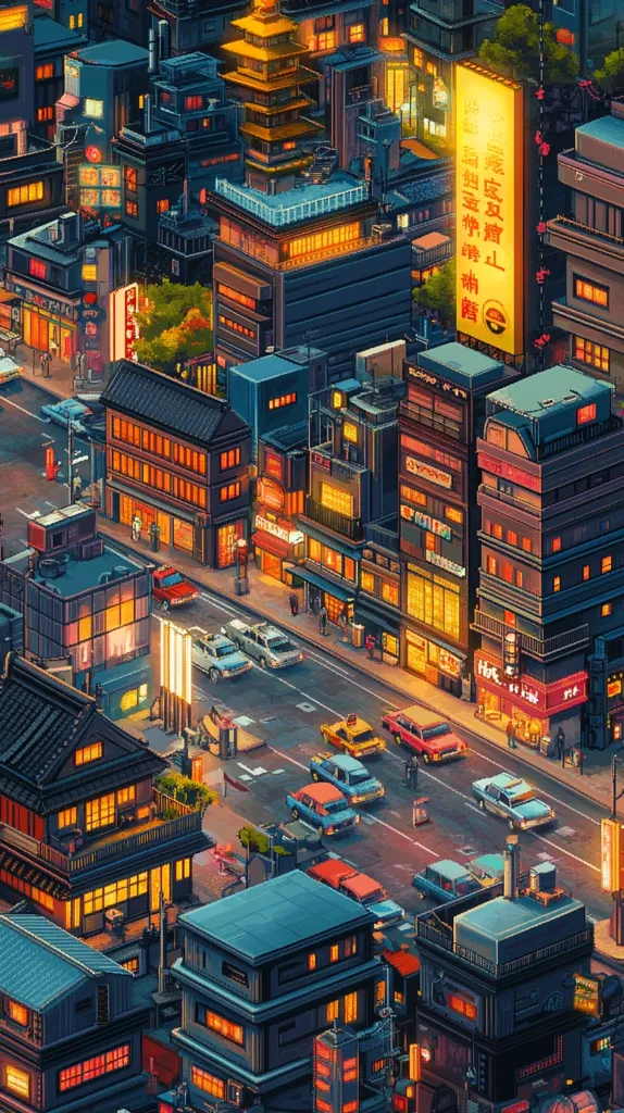 The image is a pixel art illustration of a bustling cityscape at night. The scene is dominated by tall buildings with glowing windows, busy streets filled with cars, and a few pedestrians walking along the sidewalks. A large, illuminated sign with Japanese characters stands prominently in the center, while other smaller signs advertise local businesses. The image evokes a sense of urban life and energy.
